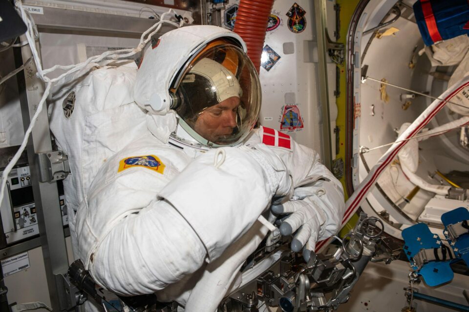 Astronaut Loral O’Hara tries on her spacesuit
