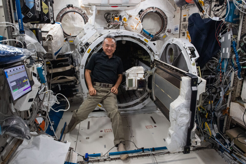 Astronaut Satoshi Furukawa works in the Kibo laboratory module