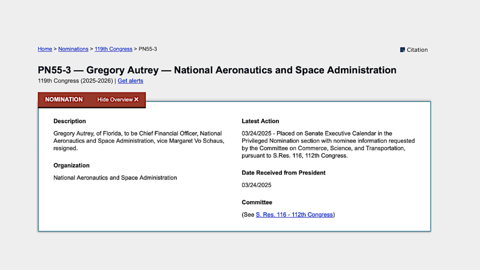 NASA Statement on Nomination of Greg Autry for Agency CFO